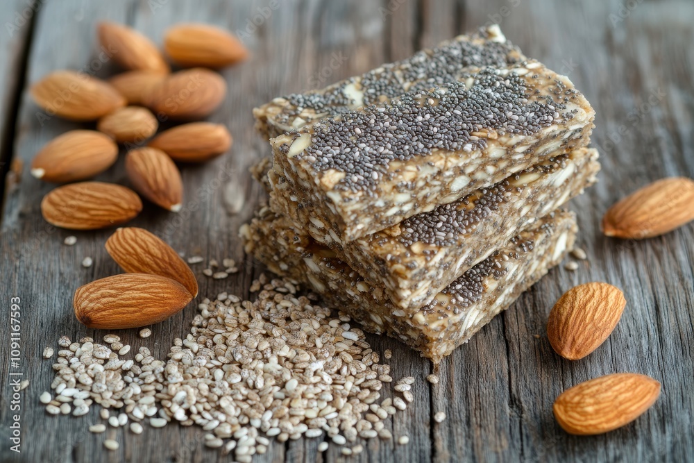 Fototapeta premium Classic Granola Bars with Nuts and Seeds: A stack of granola bars filled with almonds