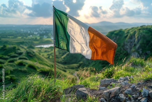 Ireland national flag waves in lush greenery, celebrating independence day under a bright sky photo