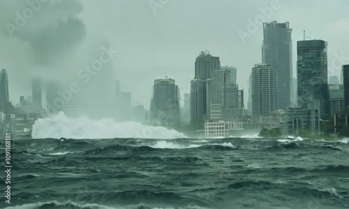 Flooded cityscape with stormy waves and skyscrapers in a dramatic apocalyptic environment photo