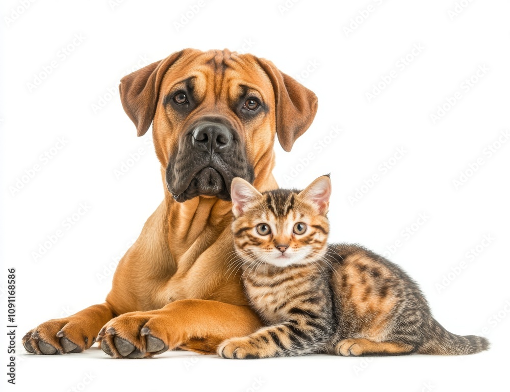Obraz premium A puppy dog from Bordeaux plays with a kitten from Bengal.