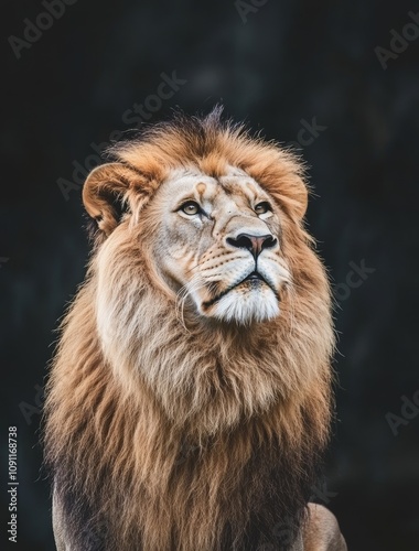 Beautiful African lion portrait against black background