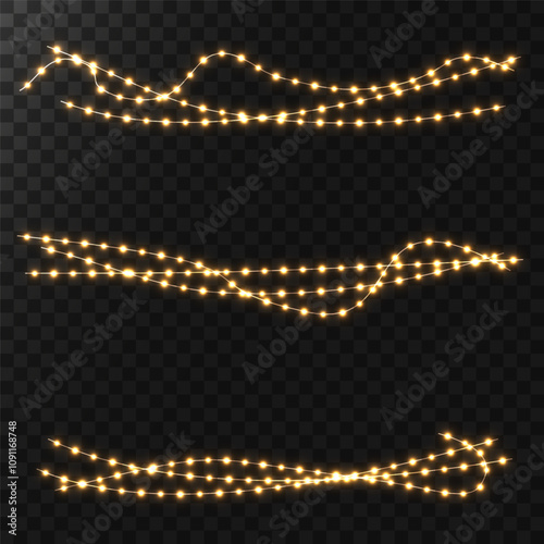 Festive Christmas Gold Garlands with Sparkling Lights: Decorative Elements for Cards, Invitations, and Winter Promotions