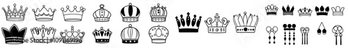 A lifelike 3D royal crown, featuring golden kingdom jewels for a king and queen, with a modern illustration set of gold trophy crowns.