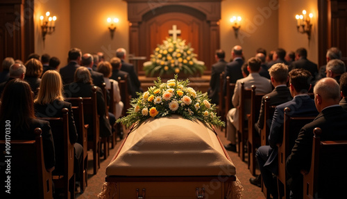 Funeral service with a casket draped in flowers, attendees seated in respectful silence, gentle lighting creating a warm, peaceful glow, traditional and comforting setting