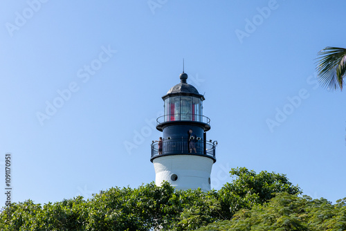 The Key West Lighthouse rises above lush tropical greenery and palm trees under a clear blue sky, capturing the charm of this historic Florida landmark. photo