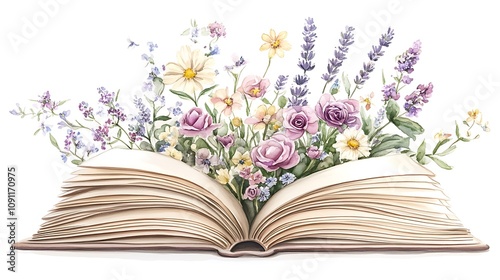 Floral display emerging from an open book in soft colors