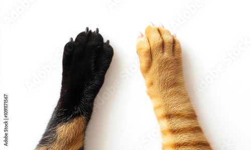 An isolated white background shows two paws of a dog and a cat