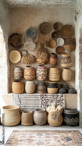 Artisanal handwoven baskets display. photo