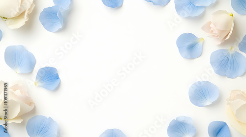 Beautiful Arrangement of Soft Pink and Blue Flower Petals on a Minimalist White Background for Elegant Invitations or Wedding Decorations
