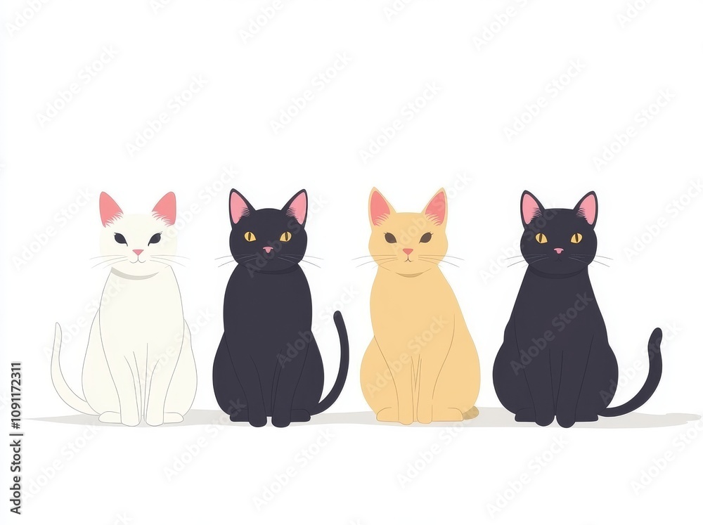 Obraz premium Cute fluffy cats, maine coons, bobtails, siamese cats, hilarious sphynx cats, pet breeds isolated illustration icon set. Flat modern kittens icon set.