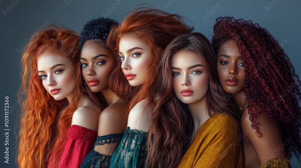 Obraz premium Diverse group of five women with striking features and varied hair colors and textures, showcasing beauty in different shades against a dark background.