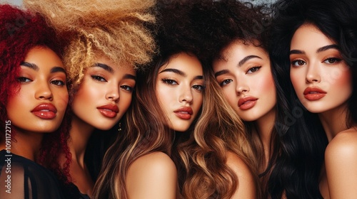 Diverse group of beautiful women with various hair textures and styles showcasing natural beauty and confidence in a stunning portrait composition.