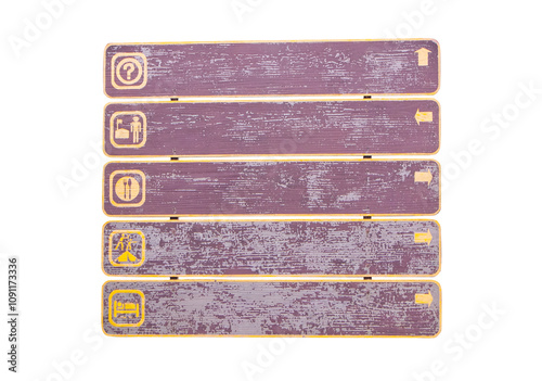 Brown empty wooden route signs is blank same pattern isolated on cut out PNG or transparent background. Visitor center, Restaurants, Tourist house, View point campsite, Headquarters.