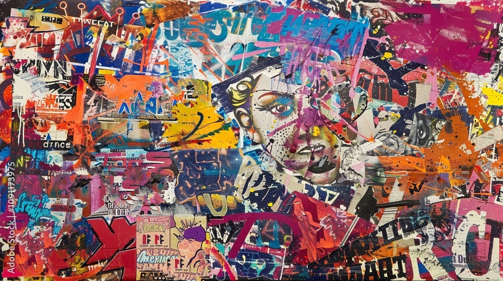 Fototapeta premium Vibrant Urban Art with Mixed Media Elements