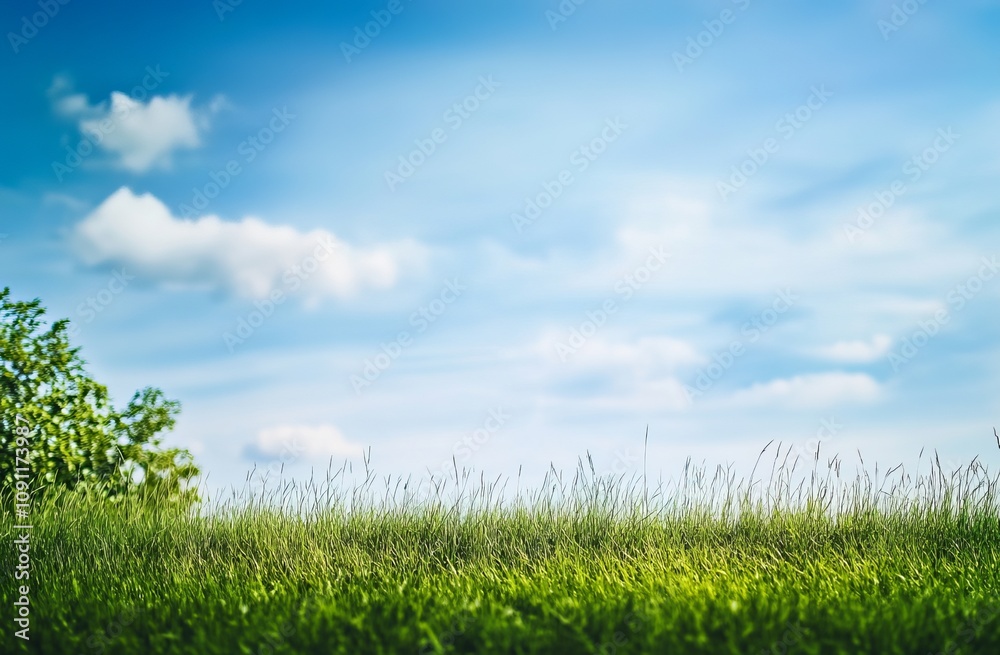 Obraz premium Green grass and blue sky A wide, grassy field under the clear, blue sky, with tall, green grass swaying gently in the breeze. The background is a serene and open landscape that creates an atmosphere
