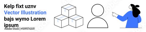 Stacked boxes in the center, minimalist person icon to the right, character pointing to the far right. Placeholder text on the left. Ideal for e-commerce, logistics, user interface, presentations