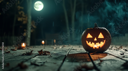 spooky jack o lantern glows on wooden deck under full moon, surrounded by autumn leaves and candles, creating eerie Halloween atmosphere photo