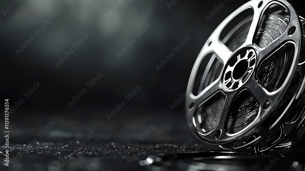 Obraz premium Vintage film reel in black and white, showcasing intricate details and textures, evokes nostalgia and art of filmmaking
