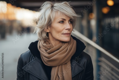 Portrait of a beautiful middle-aged woman in a black leather jacket and scarf on the street