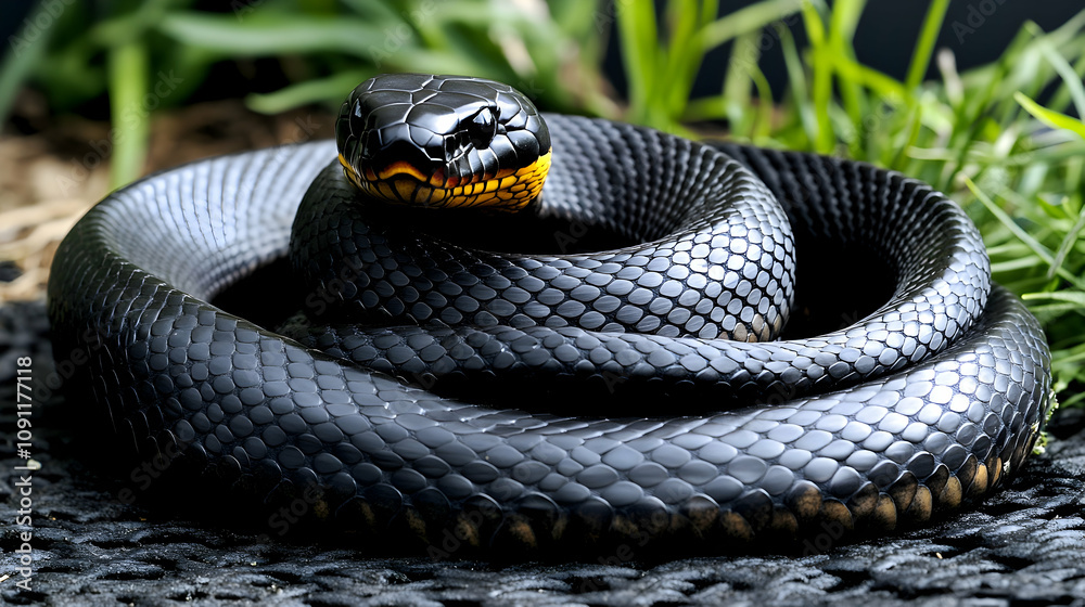 Obraz premium Stunning Close-Up of a Coiled Black Snake with a Distinctive Yellow-Patterned Head Resting on a Natural Background Surrounded by Grass and Textured Surface