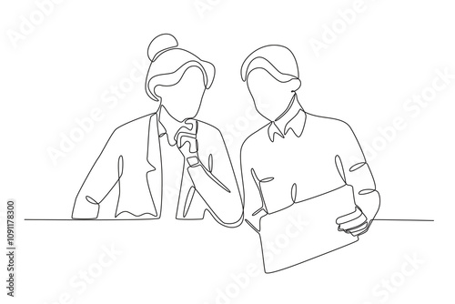 Single continuous line drawing of Workers from agency workers who meet with customers are explaining the product. Dynamic single line draw design graphic vector illustration.
