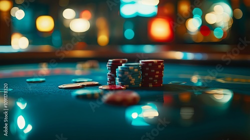 Casino Poker Chips Stacks On Green Table photo