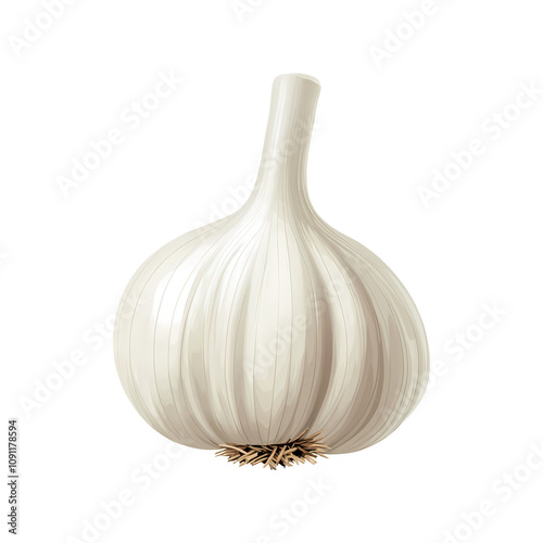 realistic garlic bulb with smooth, glossy surface and roots