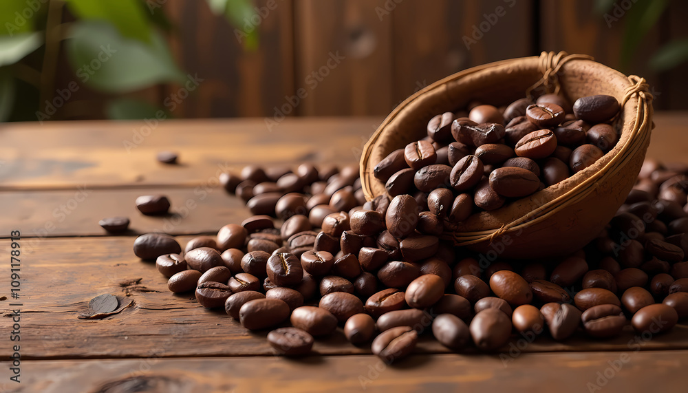 Fototapeta premium Freshly roasted coffee beans in a basket, natural rustic setting with wooden background