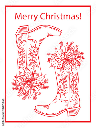 Christmas cowgirl boot with floral and tree branch decor. Western line art hand drawn vector illustration. Holidays card.