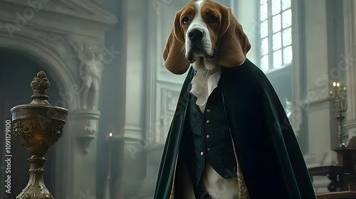 A Beagle Dressed in Regal Attire Standing Elegantly in a Grand Room with Ornate Architecture and Dramatic Lighting, Exuding a Sense of Royalty and Charm photo