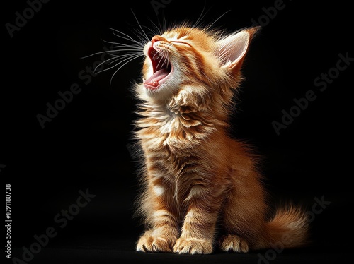 An image of a yawning red tabby Maine Coon kitten on a black background (OrchidValley) photo