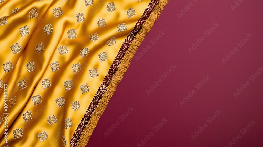 Obraz premium Elegant yellow silk drapery textiles showcase indoor studio warm lighting artistic perspective home decor inspiration
