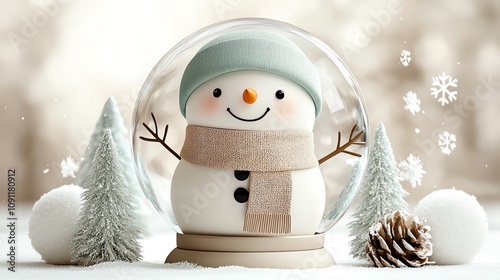 Christmas snow globe, snowman with scarf, isolated on white, gentle snowflakes, watercolor style