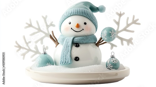 Christmas snow globe, snowman with scarf, isolated on white, gentle snowflakes, watercolor style