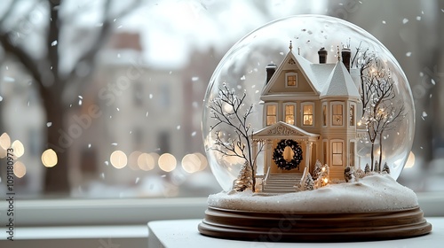Christmas snow globe, Victorian house with wreath, snowfall on white background, watercolor style