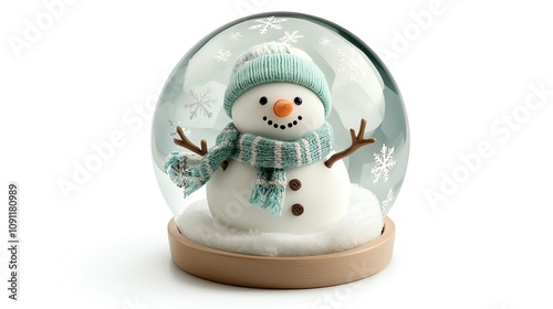 Christmas snow globe, snowman with scarf, isolated on white, gentle snowflakes, watercolor style