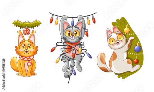 Cute cats Christmas characters climbing xmas fir tree, wrapped in garlands, wearing festive scarf