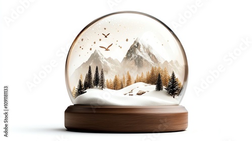 Christmas snow globe with snowy mountaintop, starry sky, isolated on white, watercolor style