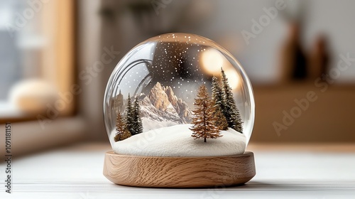 Christmas snow globe with snowy mountaintop, starry sky, isolated on white, watercolor style