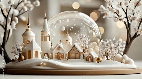 Christmas village square snow globe, warm holiday lights, white background, watercolor style