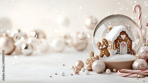 Festive snow globe, gingerbread house and candy canes, white background, watercolor style