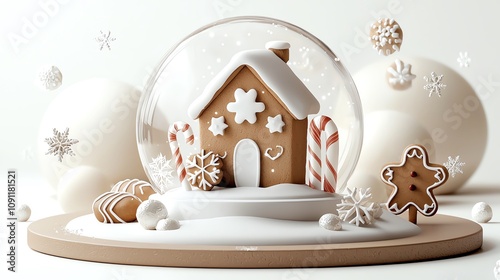 Festive snow globe, gingerbread house and candy canes, white background, watercolor style