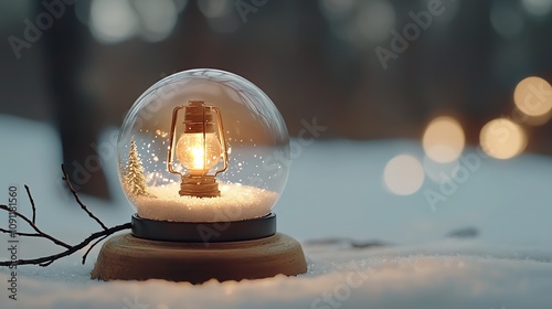 Holiday snow globe, glowing lantern in snowy night, white background, peaceful winter scene, watercolor style