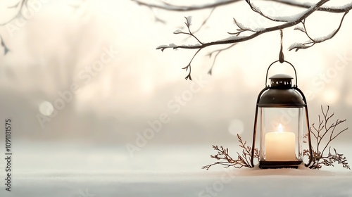 Holiday snow globe, glowing lantern in snowy night, white background, peaceful winter scene, watercolor style photo