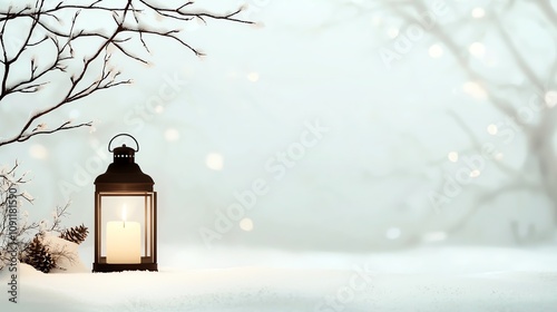 Holiday snow globe, glowing lantern in snowy night, white background, peaceful winter scene, watercolor style photo