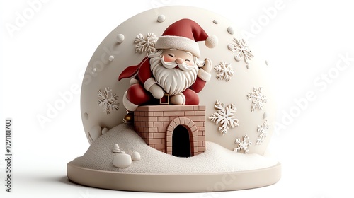 Santa climbing chimney snow globe, gentle snow, isolated on white background, watercolor style