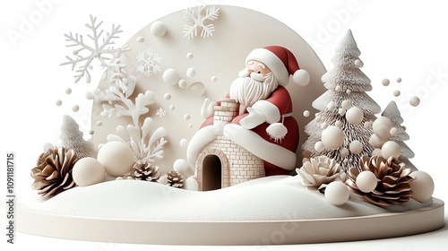 Santa climbing chimney snow globe, gentle snow, isolated on white background, watercolor style