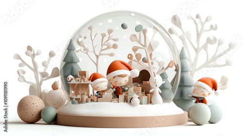 Santa workshop snow globe, elves working inside, white background, watercolor style