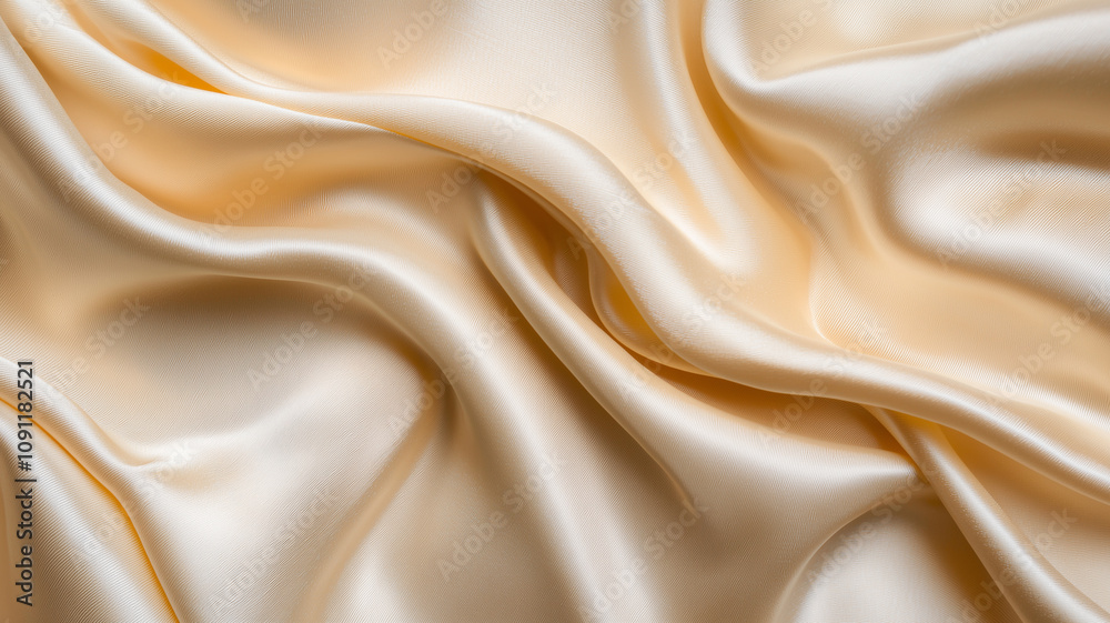 Fototapeta premium Smooth, luxurious cream silk fabric with elegant folds and soft texture, creating sense of elegance and sophistication. Perfect for fashion, design, and interior inspiration
