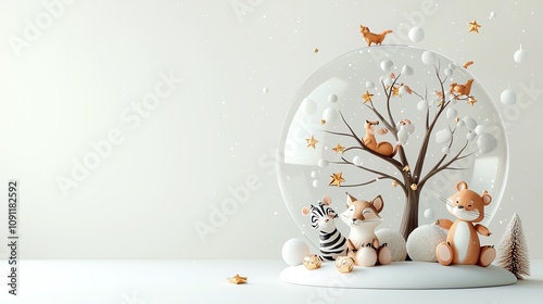 Snow globe of peaceful Christmas forest, animals around a tree, white backdrop, watercolor style